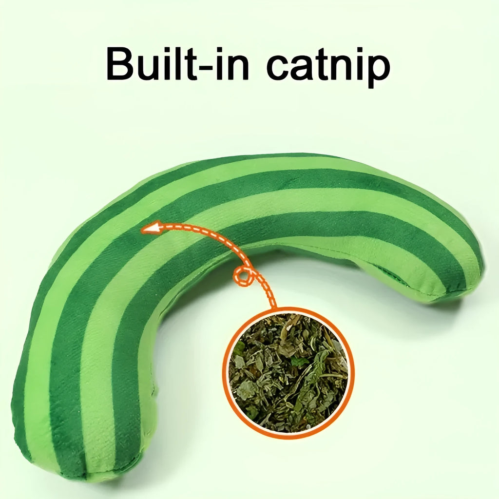 Striped pattern cat toy pillow with built-in noise maker and catnip strip measuring 23x20cm