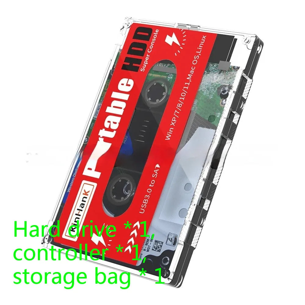 External 2TB mechanical hard drive for mobile gaming with USB cable and compact PC enclosure