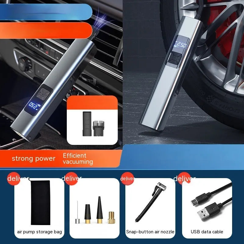 Wireless digital display car air pump and vacuum cleaner with accessories on a grey background.
