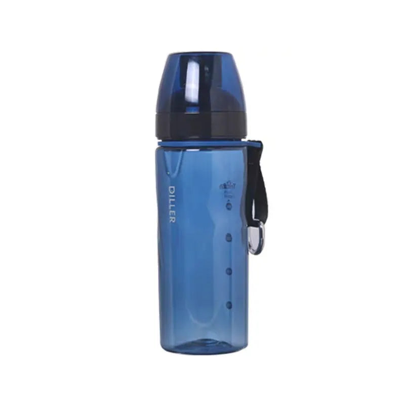 Chinese style blue portable water cup with a separate tea compartment on a wooden table