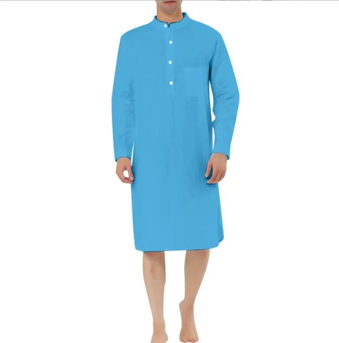 Men's cotton shirt robe in a shirt style with two front pockets, shown in one of nine available colours.