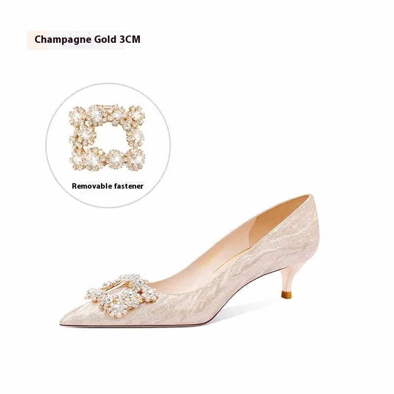 Champagne gold pointed toe stiletto high heels with rhinestone decoration