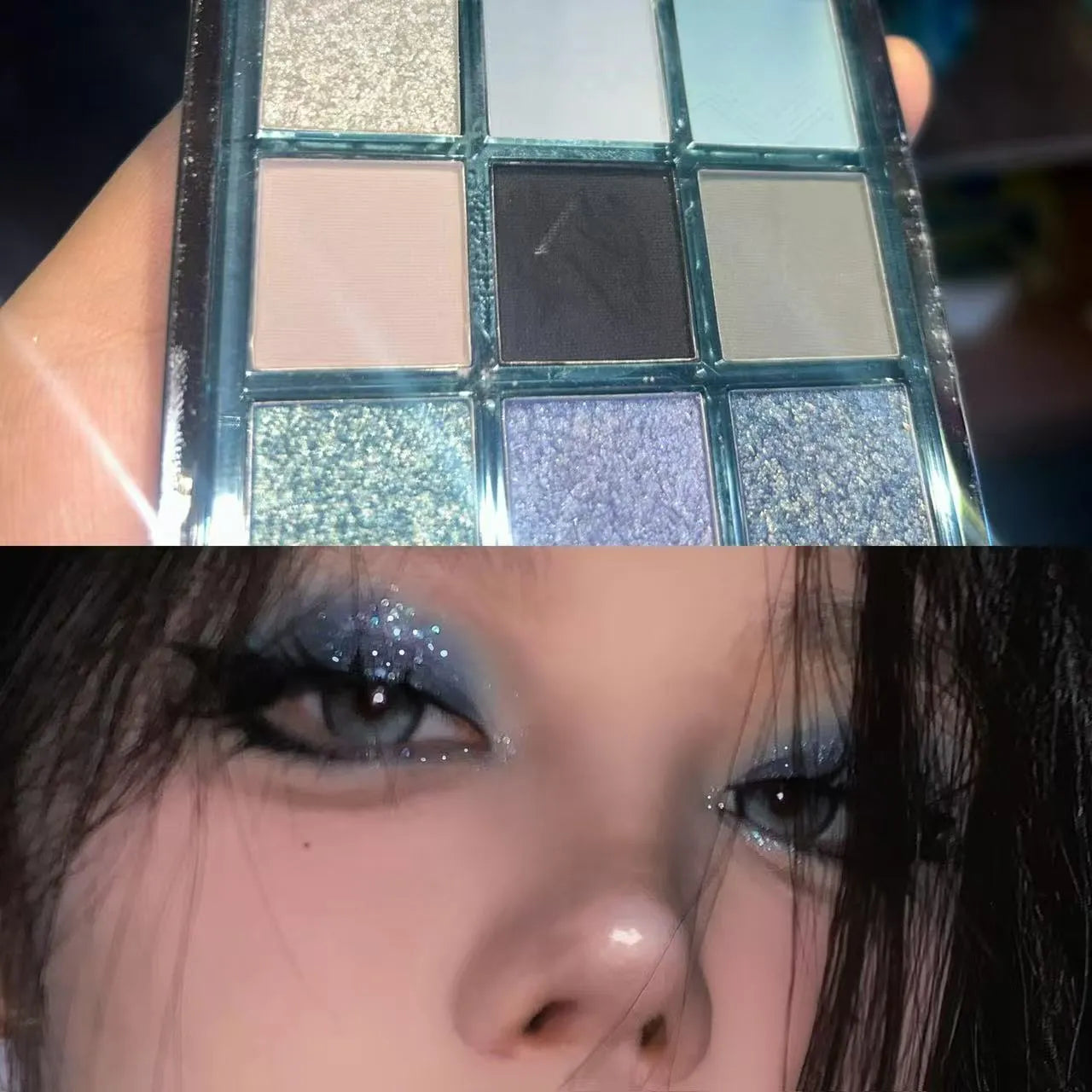 MUGELEEN nine-colour eye shadow palette showing blue smoked and earth tone shades