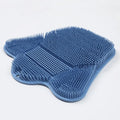 Blue silicone bath brush with curved handle for back scrubbing, measuring 31cm by 32cm