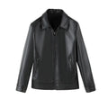 Men's black PU leather casual jacket showing front view with zipper pockets.