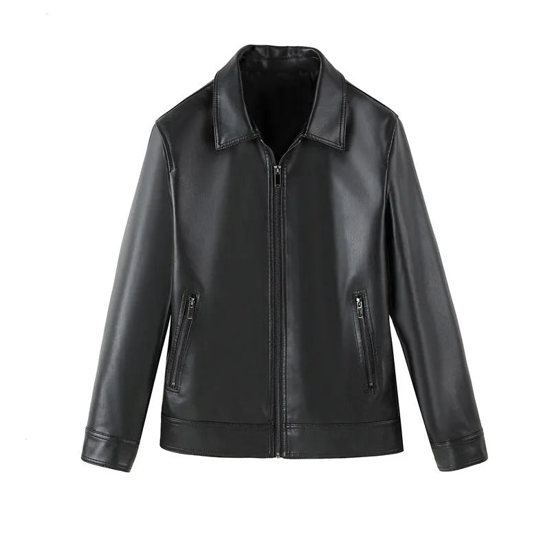 Men's black PU leather casual jacket showing front view with zipper pockets.