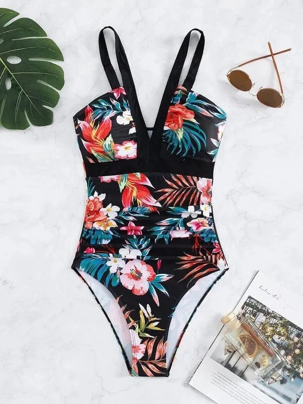 Women's floral pattern backless one-piece swimsuit in a polyester-spandex blend