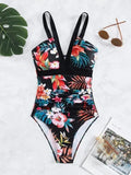 Women's floral pattern backless one-piece swimsuit in a polyester-spandex blend