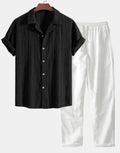 Men's slim fit casual suit set with digital camouflage print on short sleeve shirt and matching trousers