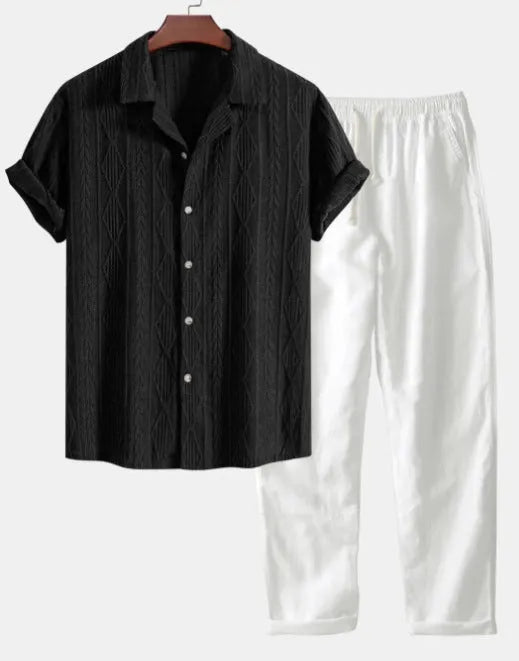 Men's slim fit casual suit set with digital camouflage print on short sleeve shirt and matching trousers