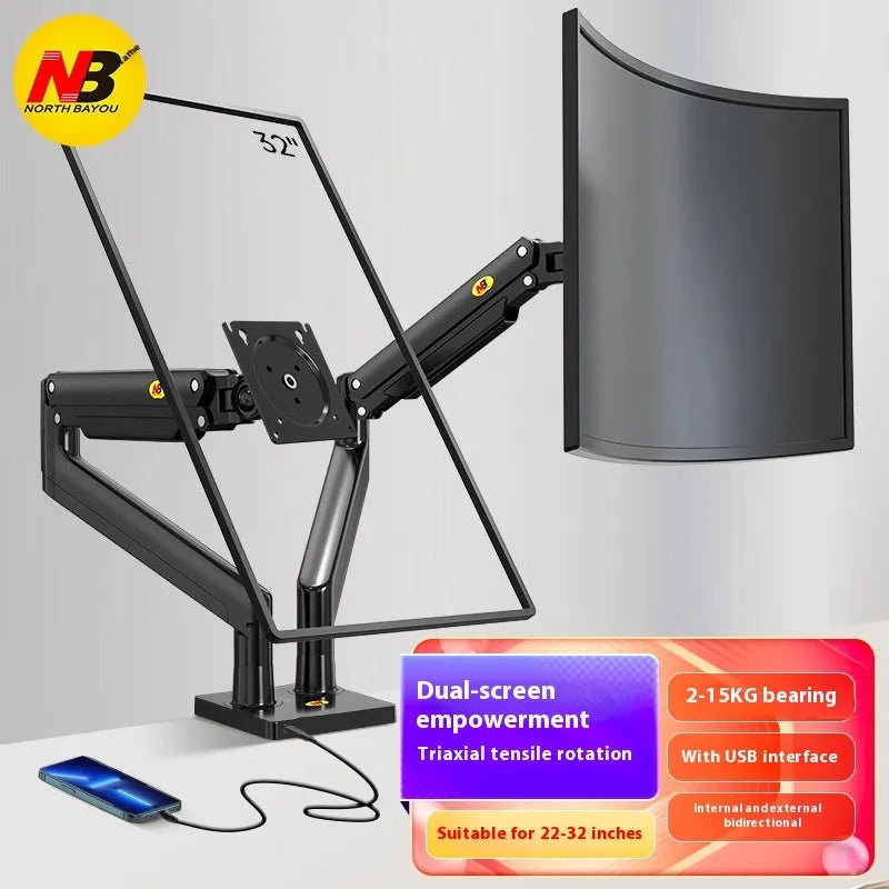 Aluminium alloy dual screen monitor desktop bracket with mechanical adjustment for 17-32 inch displays