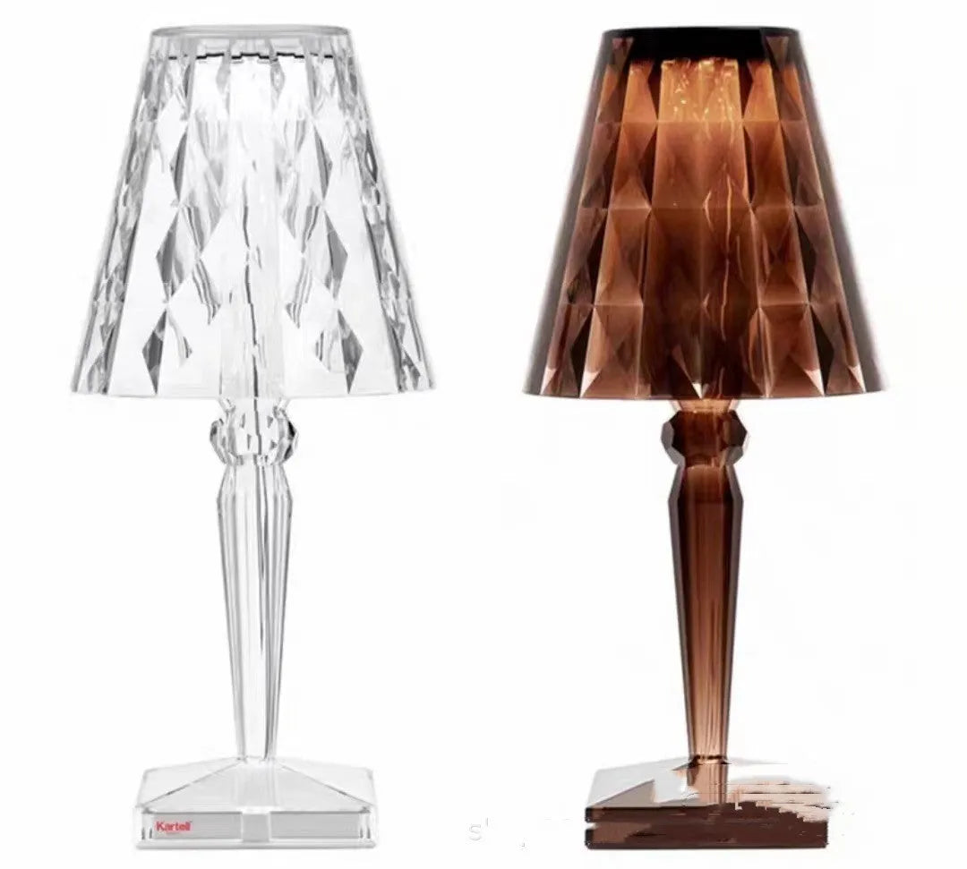 Rose gold plated acrylic portable touch night light with projection feature and rechargeable base on a wooden table