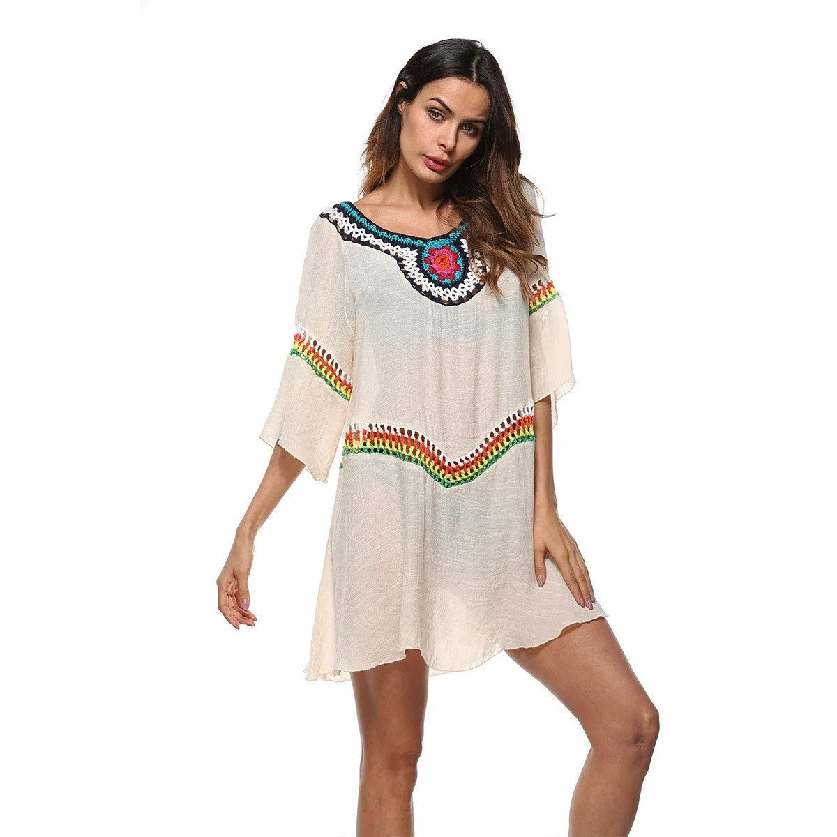Crocheted acrylic beach cover-up in ethnic style for swimming and sun protection