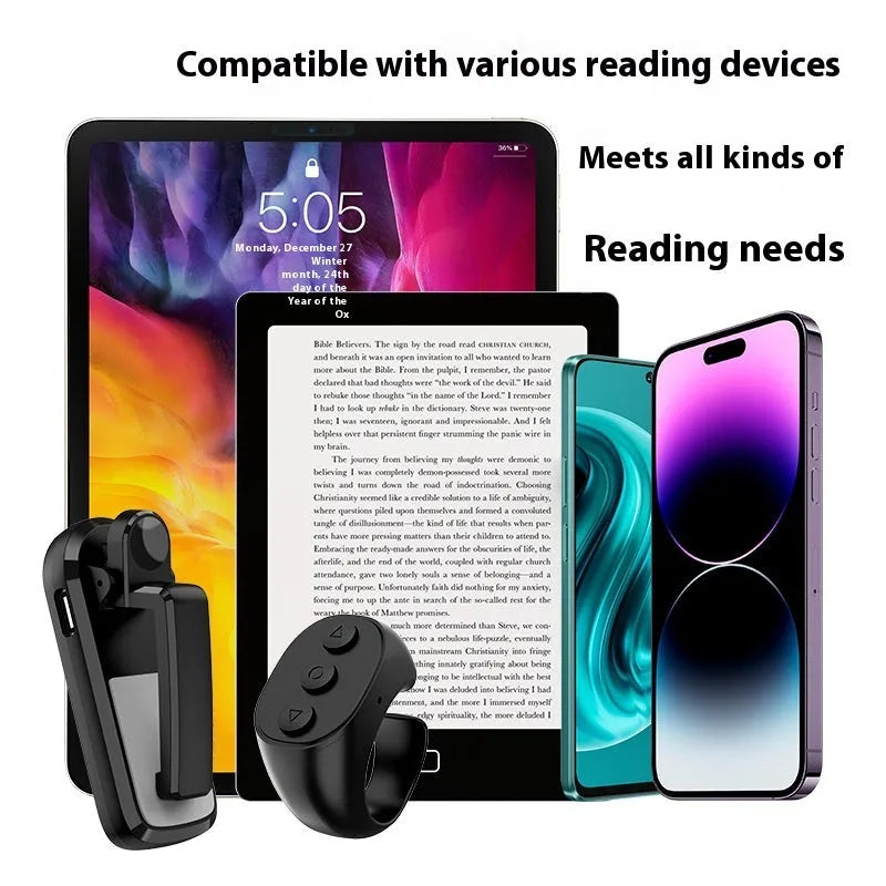 A black wireless remote and a foot pedal page turner clicker for tablets and e-readers