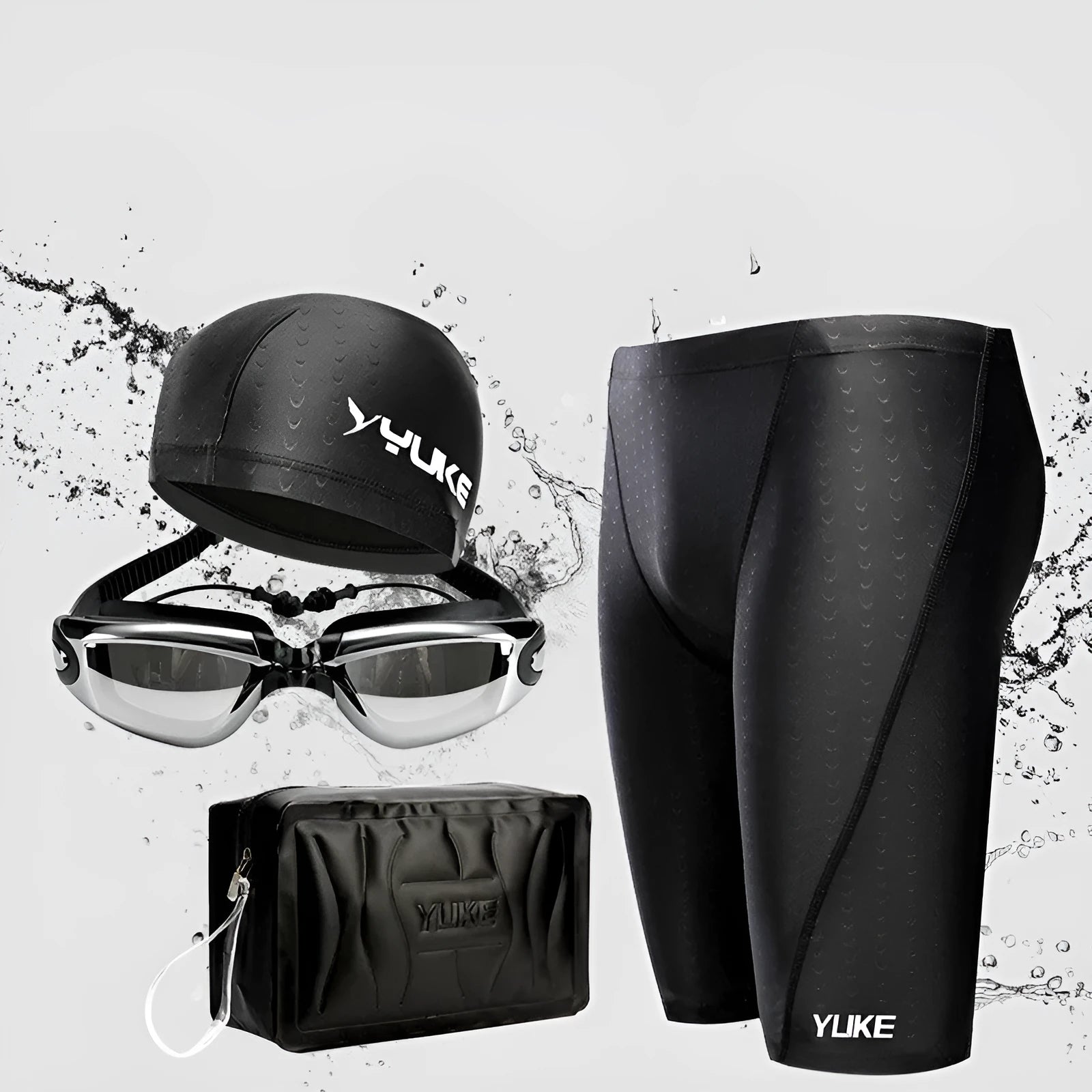 Men's black polyester swimming trunks set with goggles cap and bag