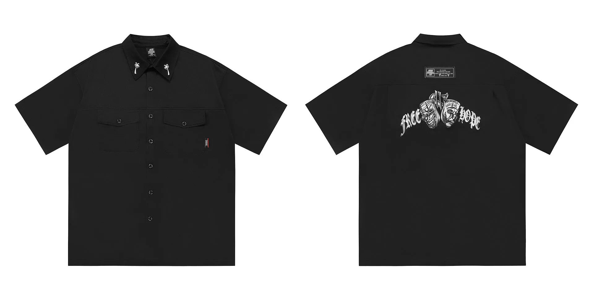 Men's black plus size loose fit cotton shirt with embroidery detailing on half sleeves
