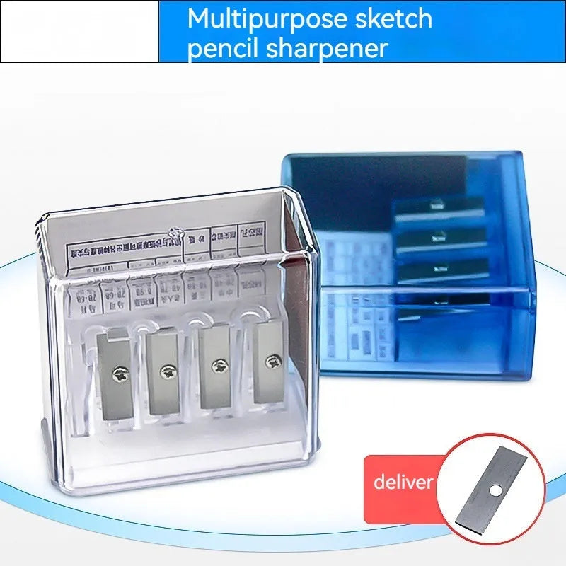 Geometric shaped four hole pencil sharpener for art, shown with integrated screwdriver.