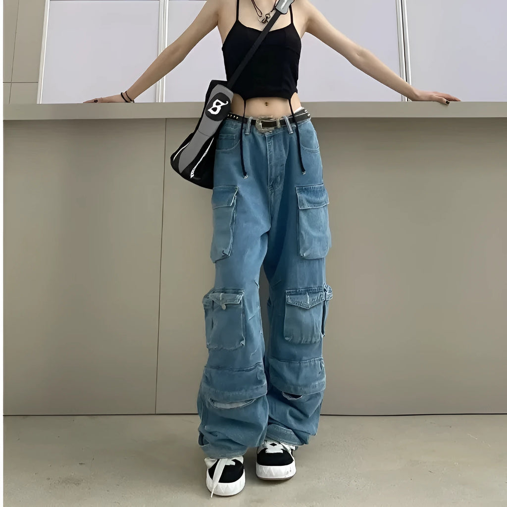 Women's blue tie-dyed high waist wide leg denim trousers with multiple pockets and elastic waistband