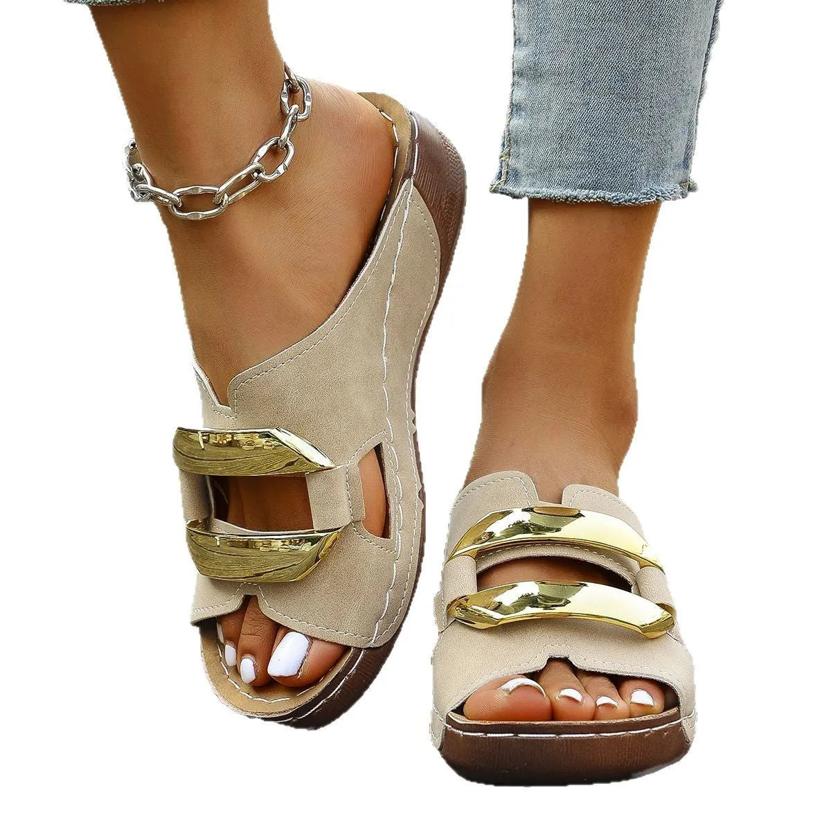Adult Roman style platform sandals in a solid colour with a strap design and flat rubber sole.