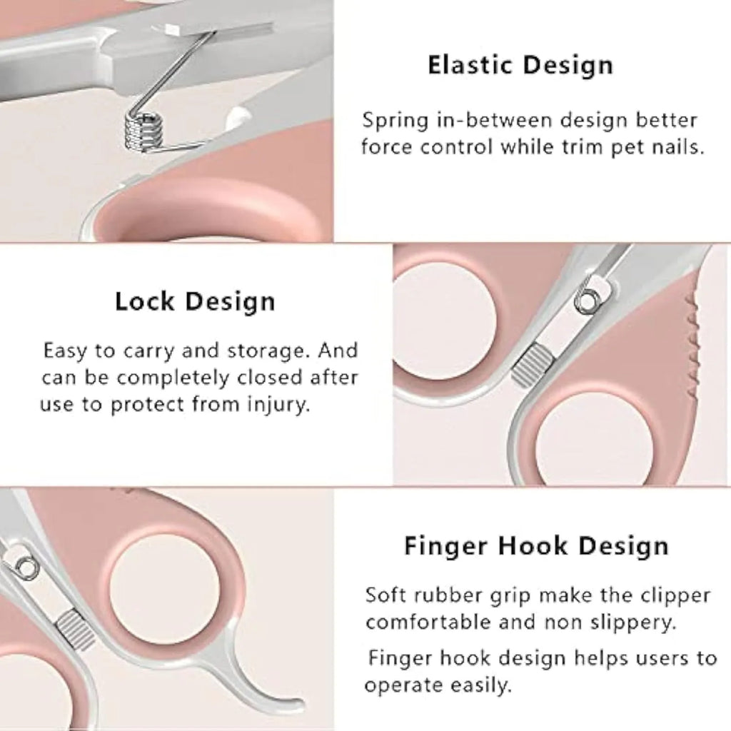 Grey and pink cat nail clippers with angled blade and safety lock for small pets