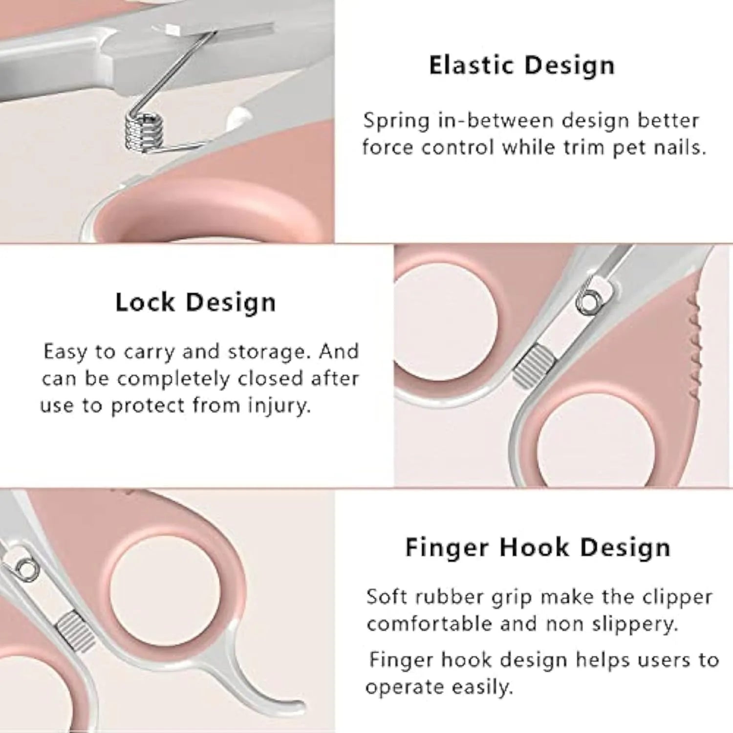 Grey and pink cat nail clippers with angled blade and safety lock for small pets