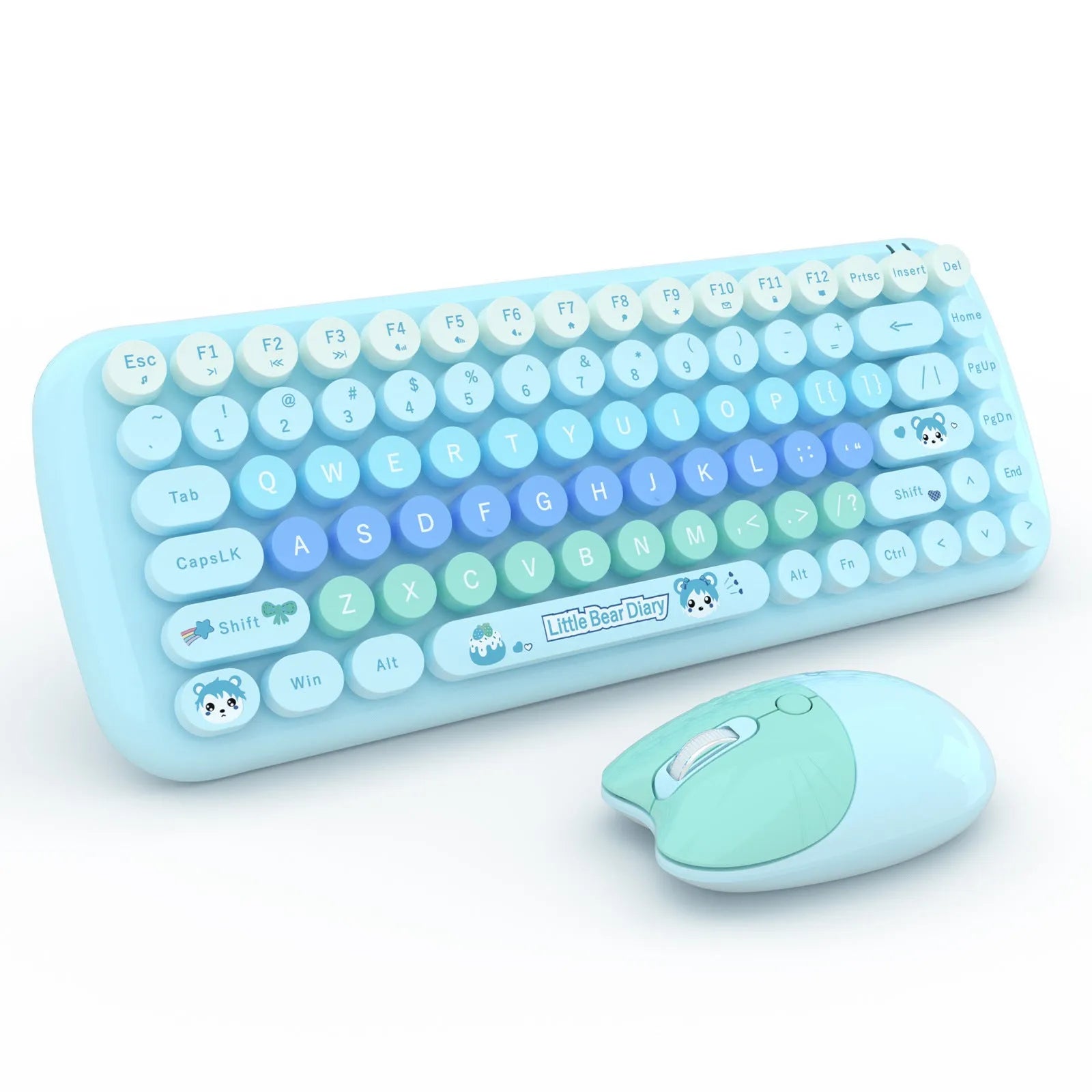 Pink wireless keyboard and mouse set with compact design on a desk