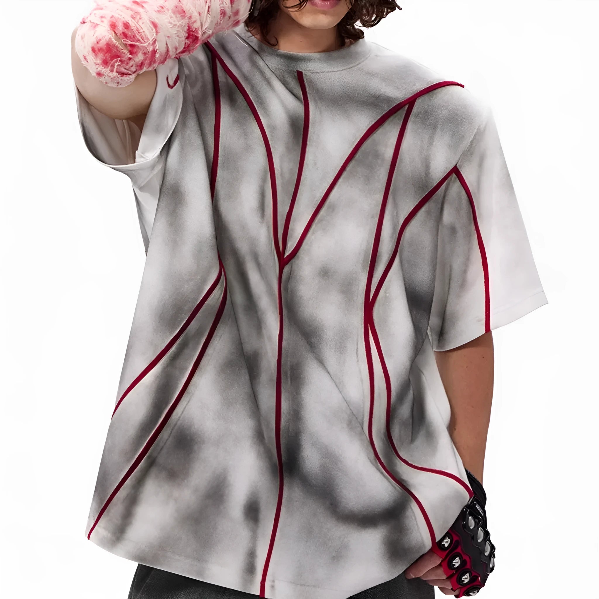 Women's padded shoulder short sleeve T-shirt with patchwork detail and round neck collar