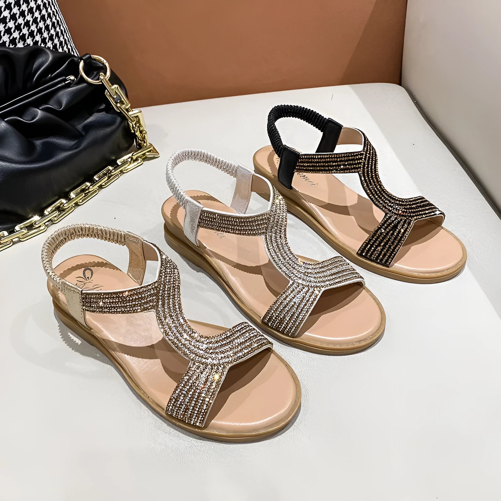 Women's patent leather beach sandals with rhinestones in black, gold and silver colours