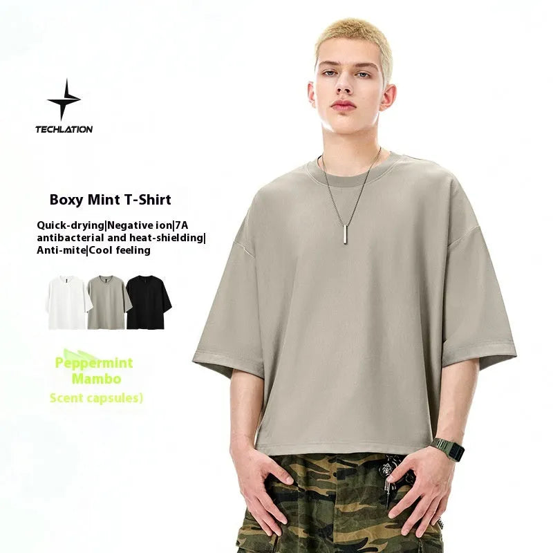Men's sand grey short sleeve pullover with loose fit and regular sleeves for casual wear