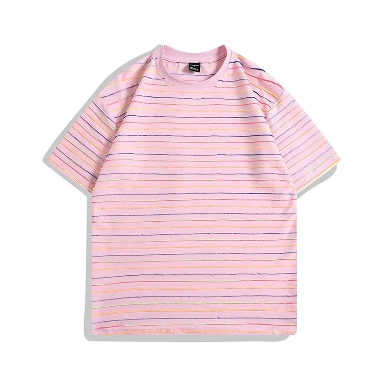 Loose fit striped couple T-shirt in apricot colour with round neck and half sleeves