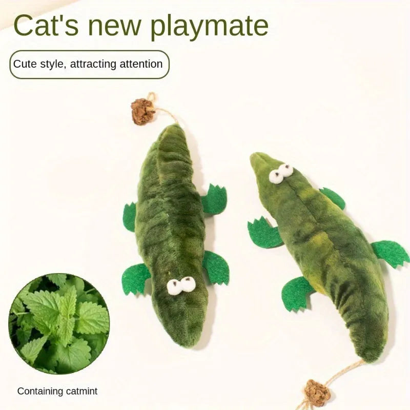 Green plush alligator cat toy with catnip and peppermint scent for oral cleansing