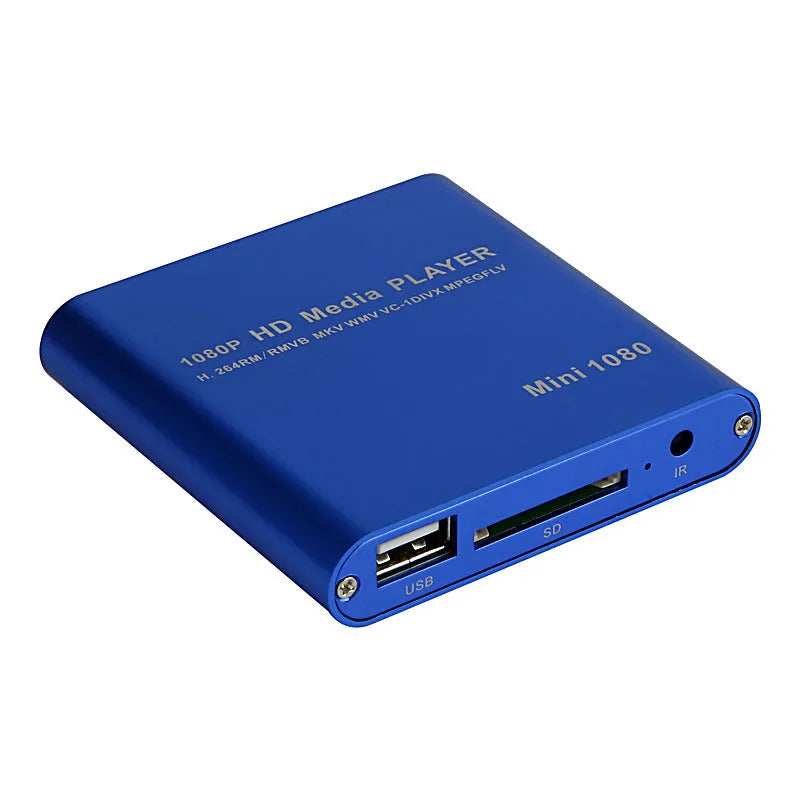 Compact blue and black 1080p Full HD media player with HDMI port and remote control