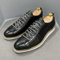 Men's low-top lace-up leather shoes with embossed pattern in black, green, white, and grey colour options
