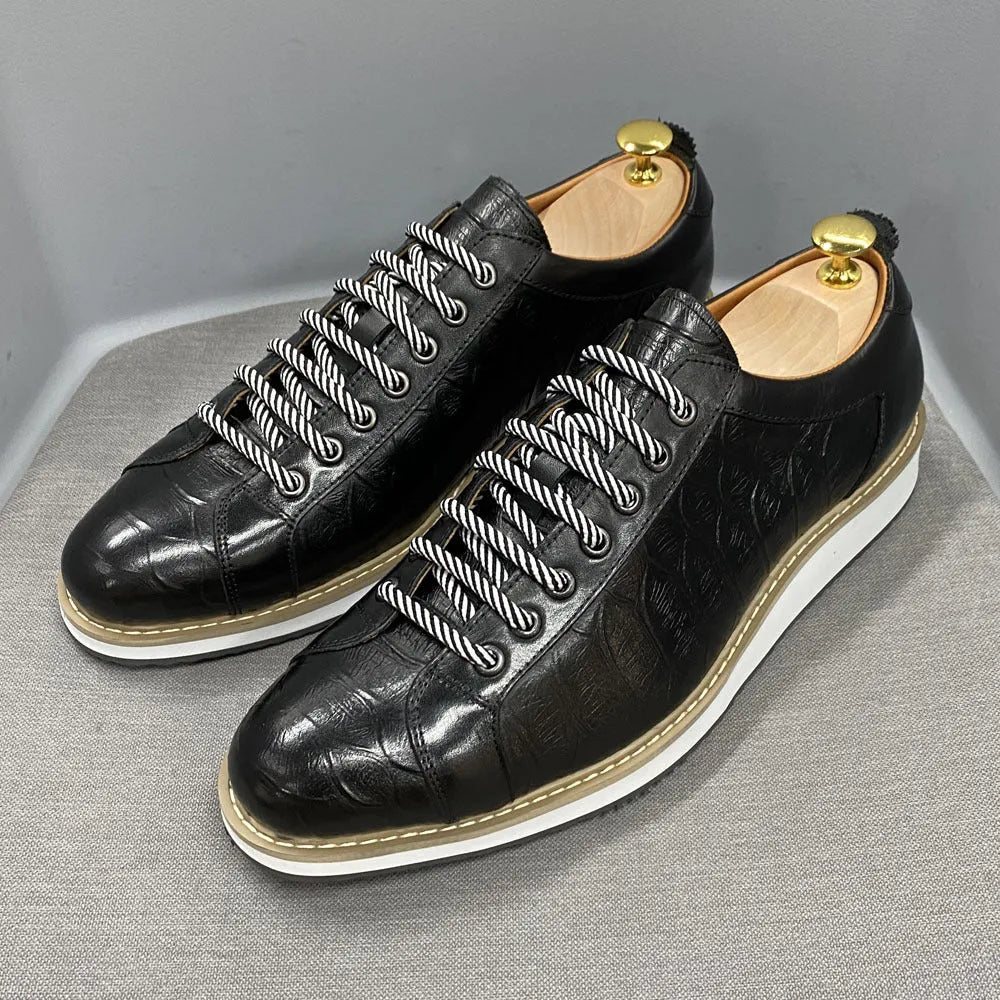 Men's low-top lace-up leather shoes with embossed pattern in black, green, white, and grey colour options