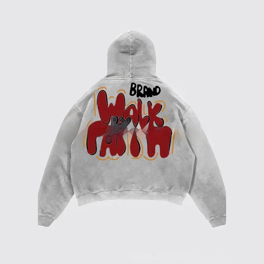 Women's granny grey hoodie with vintage Harajuku character print design and pocket detail