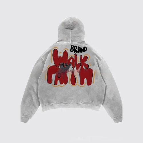 Women's granny grey hoodie with vintage Harajuku character print design and pocket detail