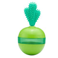Blue and green durable rubber dog puzzle ball with treat dispensing holes
