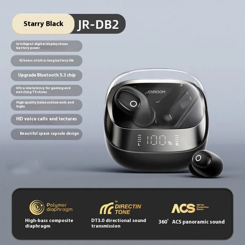 Wireless in-ear Bluetooth headphones with charging case in Dawn White, Starry Sky Black, and Purple colour options.