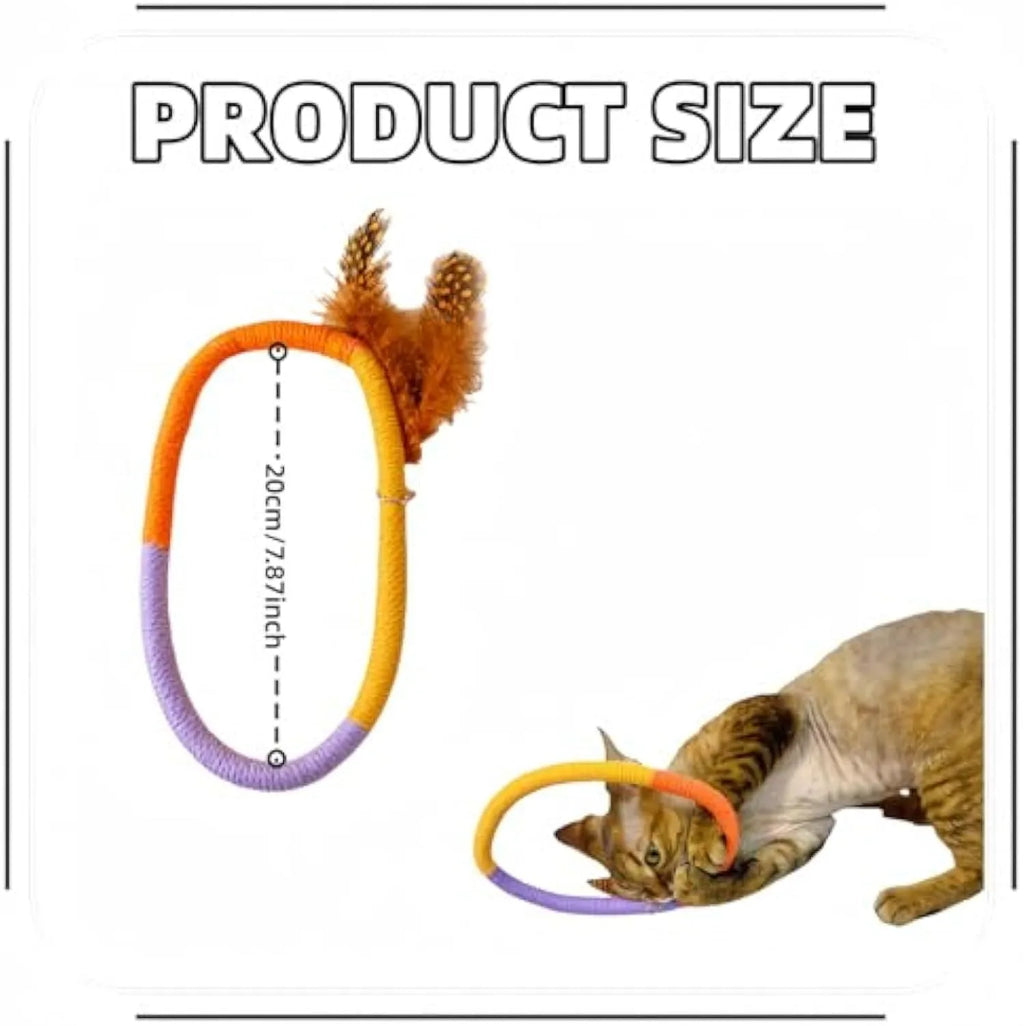 Green circular cotton rope cat toy with white feathers attached for interactive feline play