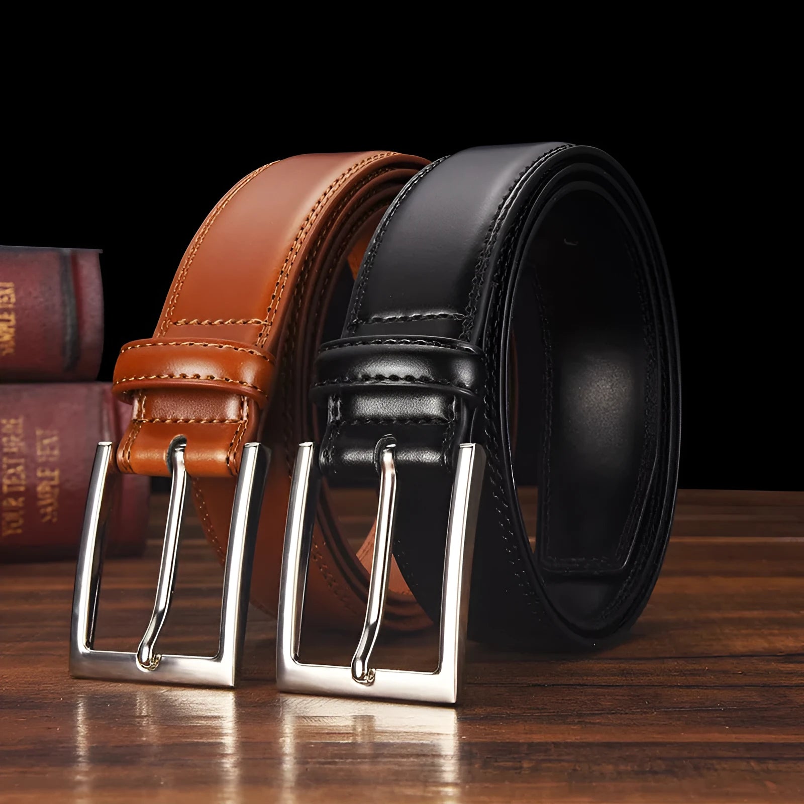 Men's black leather belt with an alloy pin buckle on a white background