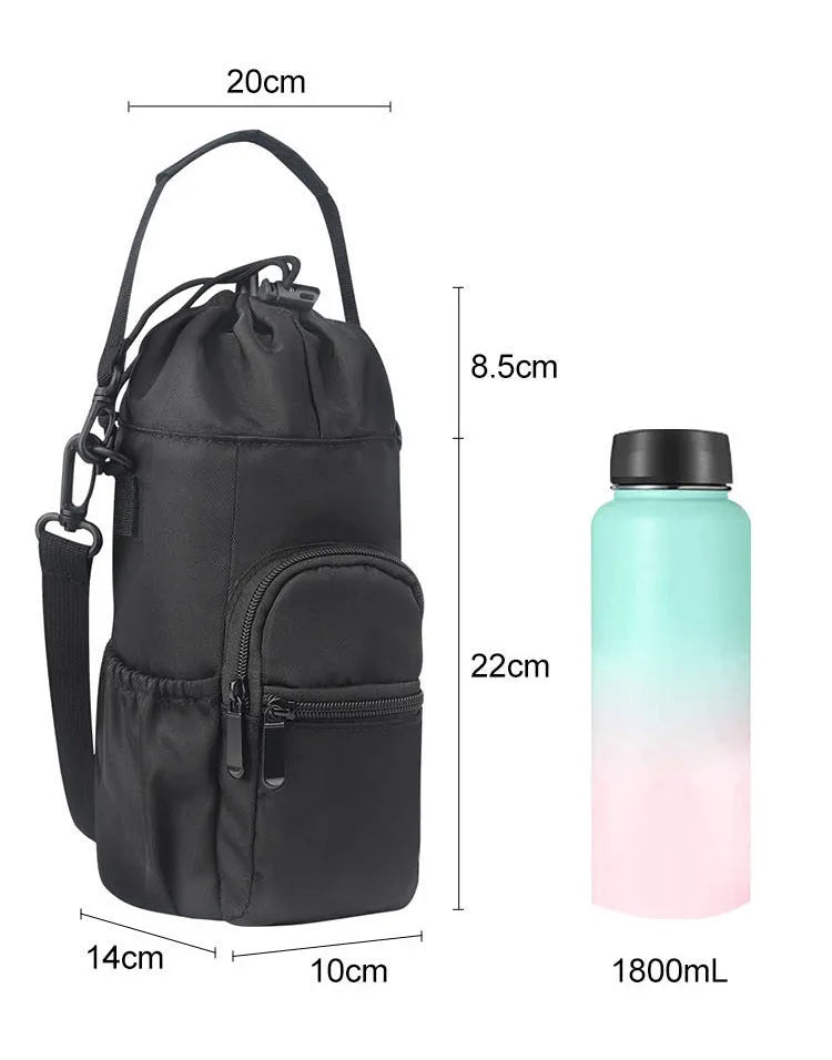 Canvas crossbody water bottle pouch in black green and pink holding a cup