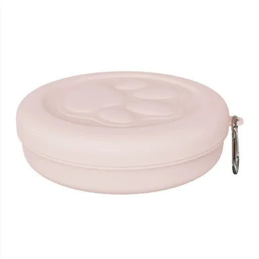 Folding portable dog bowl with snack compartment in pink and green colour options