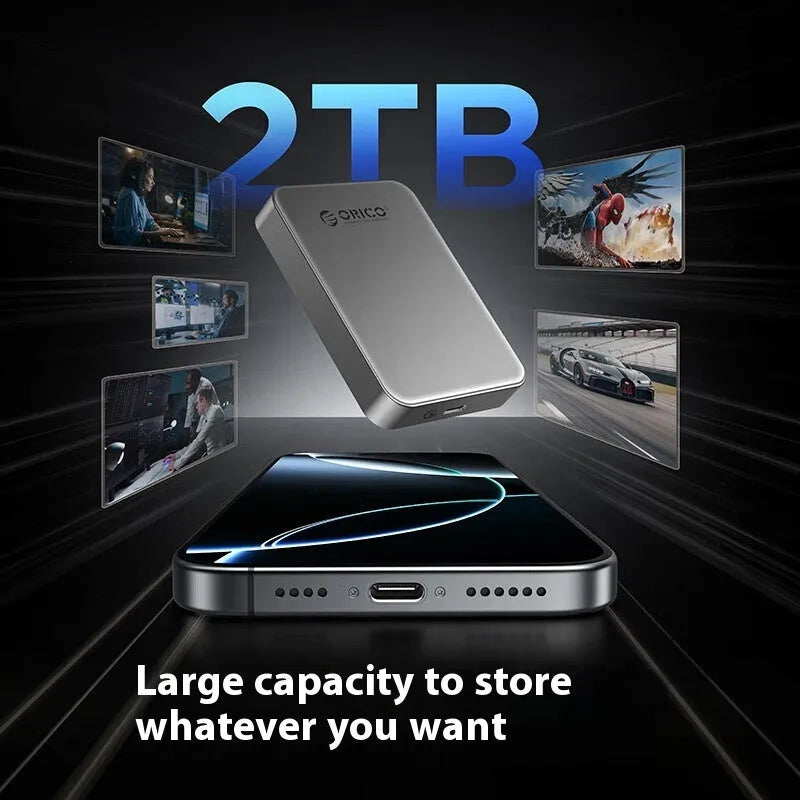 Grey magnetic mobile solid state drive with ultra-thin profile and magnetic suction ring for portable storage