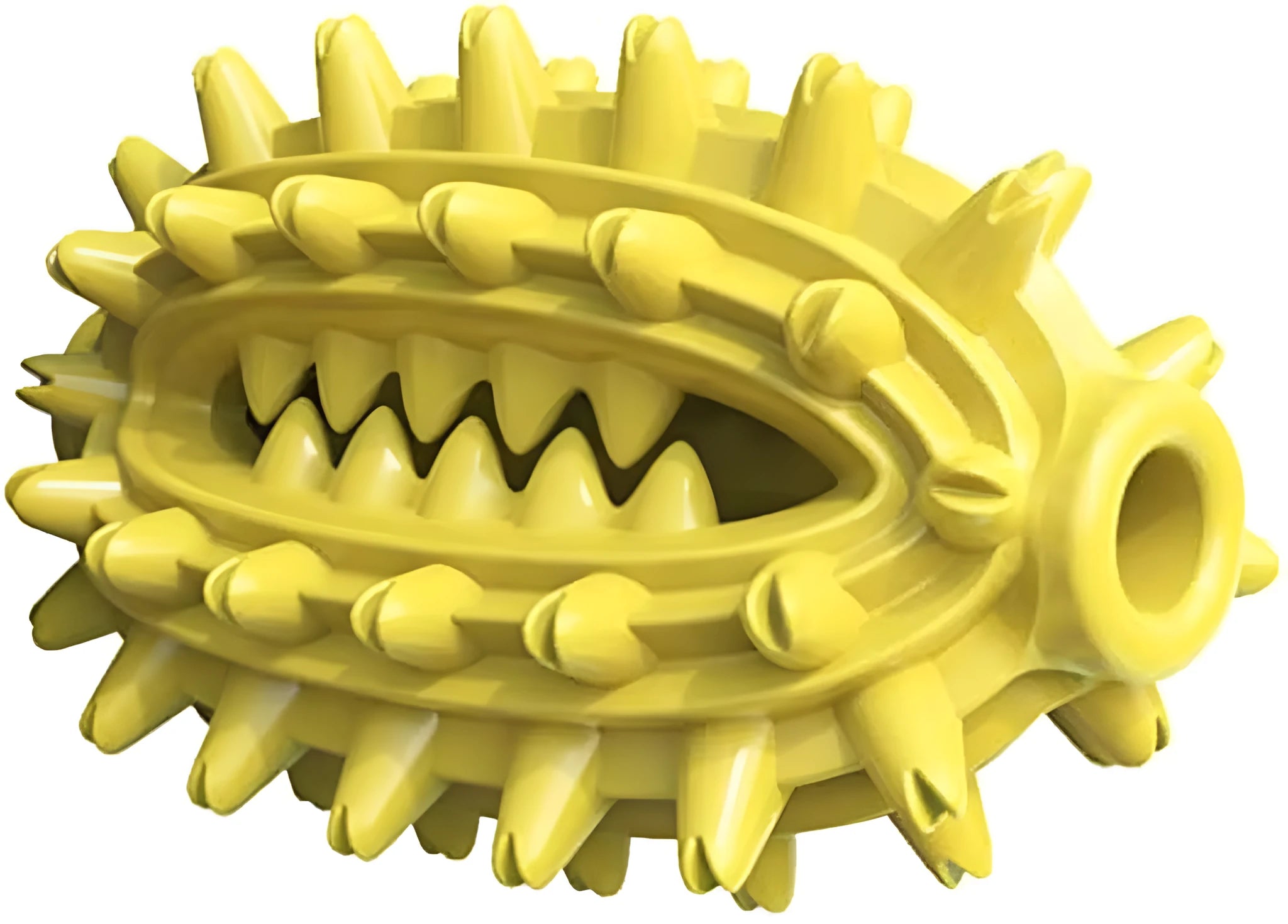 Green cactus-shaped dog chew toy with textured cleaning surfaces and central treat channel