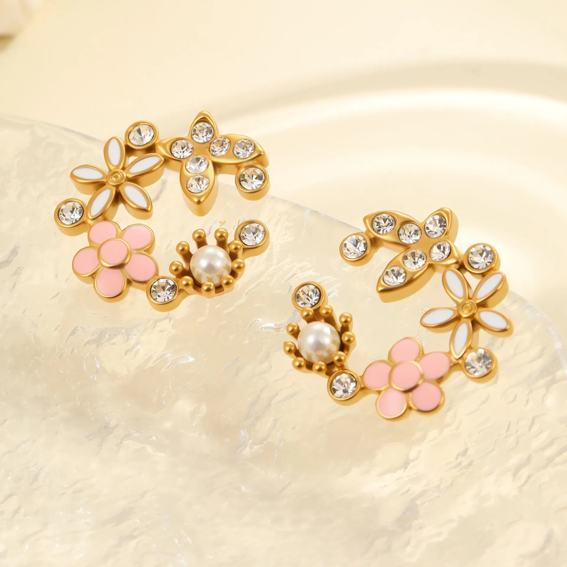 18K stainless steel flower petal stud earrings with electroplated diamond-colour finish