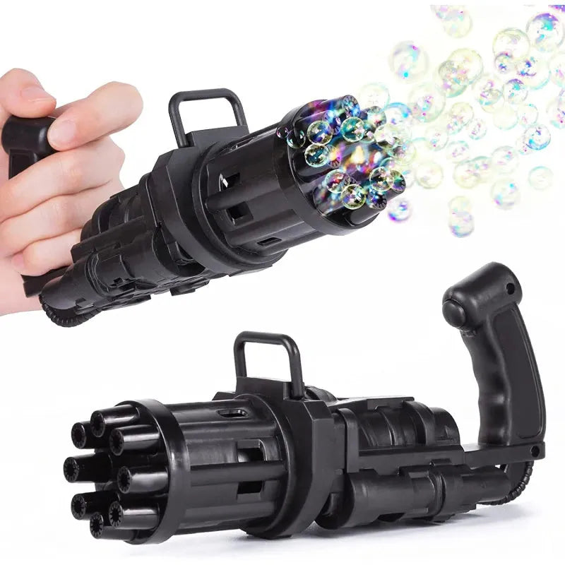 Child's plastic bubble blower gun in pink, gold, or black with removable bubble head for use as a fan.