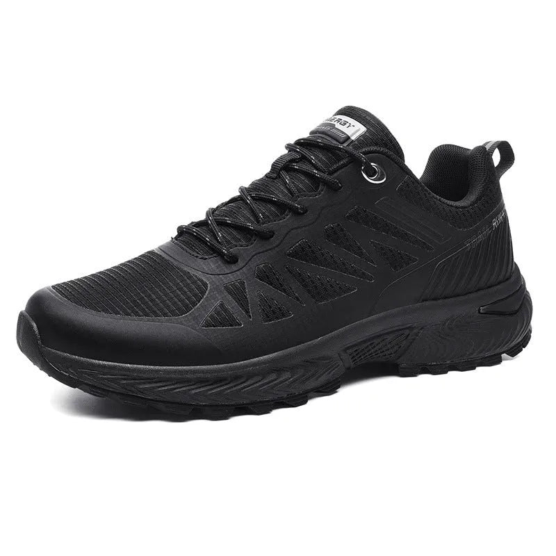 Men's black breathable mesh running shoe with lace-up front and rubber sole.