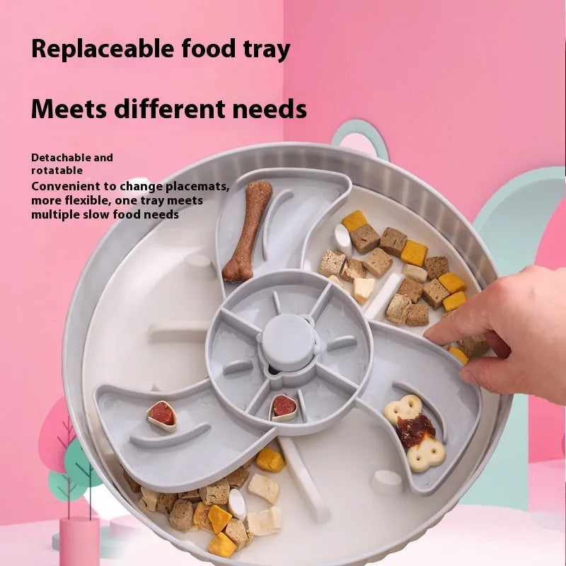 Interactive rotating slow feed pet bowl with silicone licking mat in blue windmill pattern