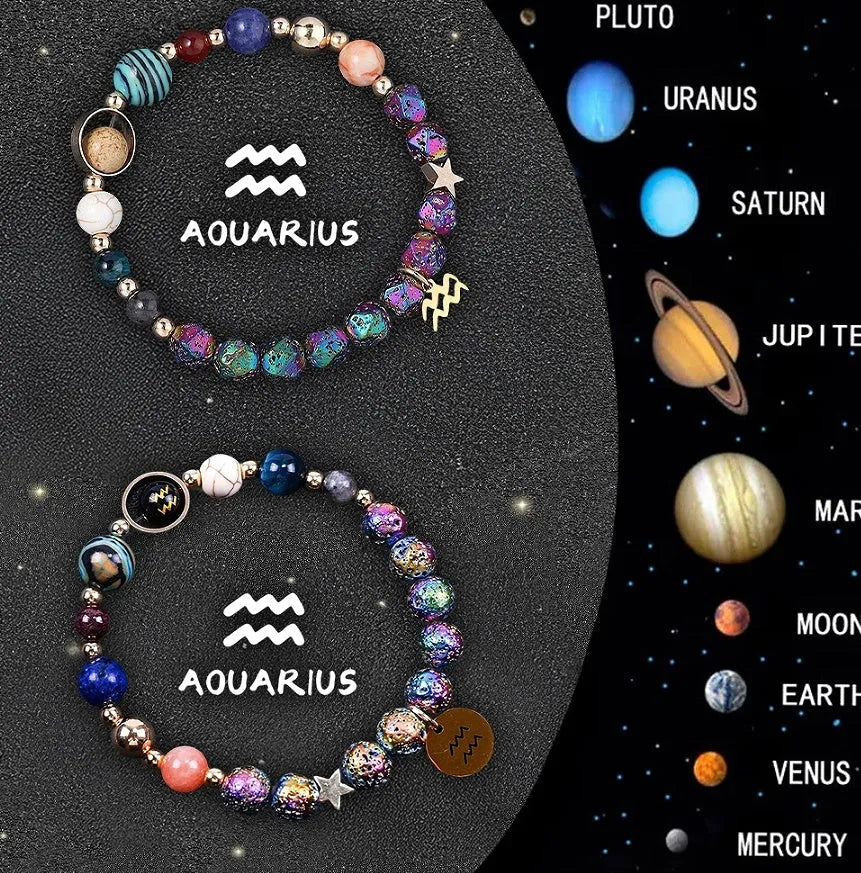 Two natural stone zodiac bracelets with adjustable cords showing astrological symbol beads