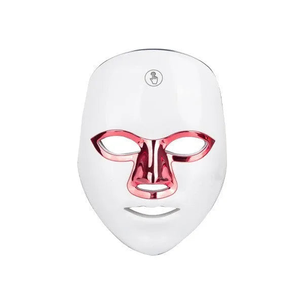Rechargeable manual touch LED beauty face mask in white rose gold edge colour with fixing strap